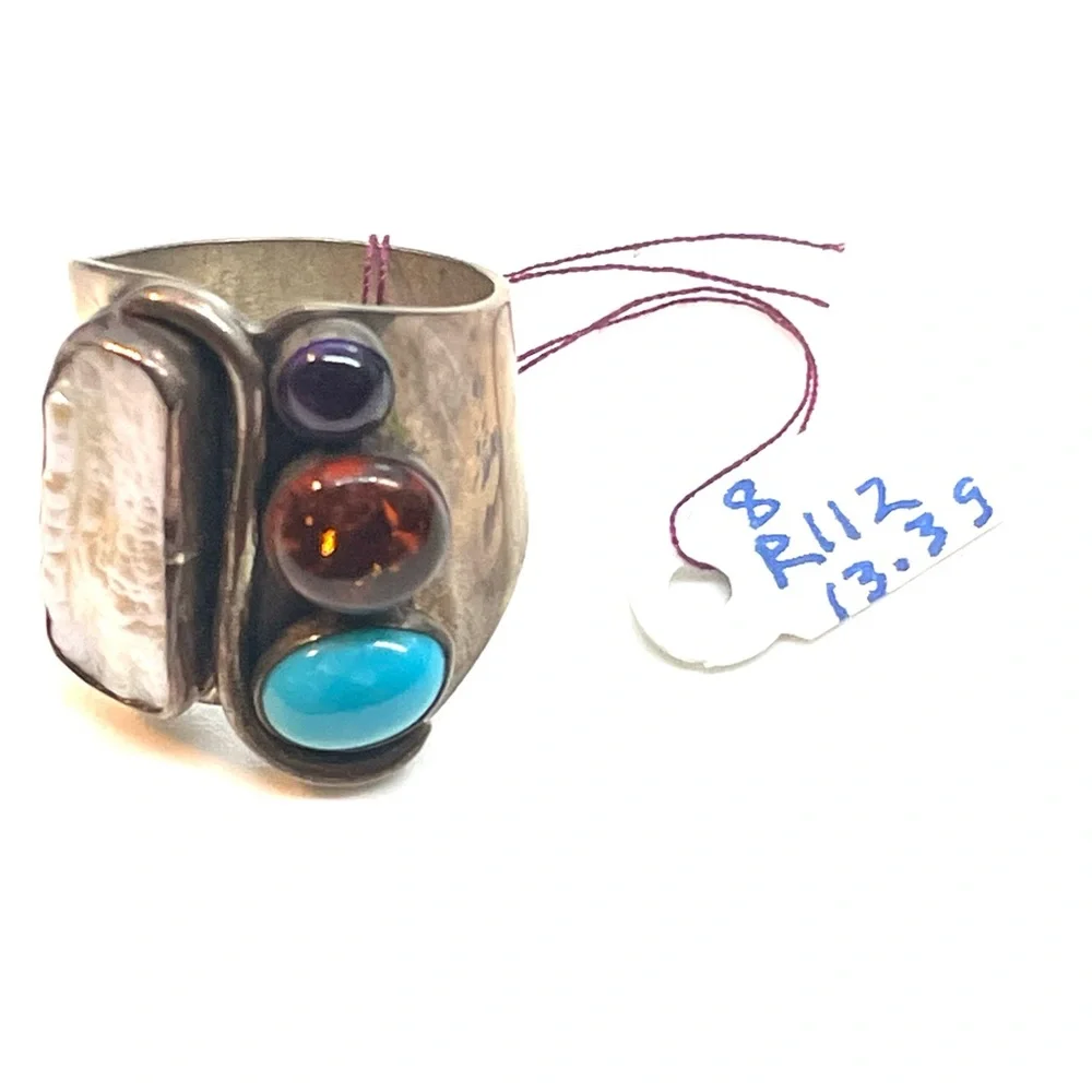 Sterling Southwestern Pearl Turquoise & Gemstone Ring
